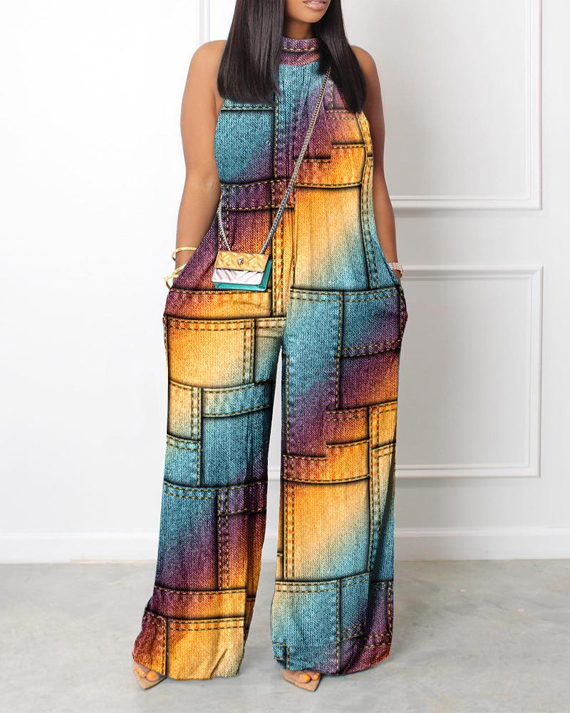 

Denim Look Print Rainbow Ombre Wide Leg Jumpsuit, Multicolor