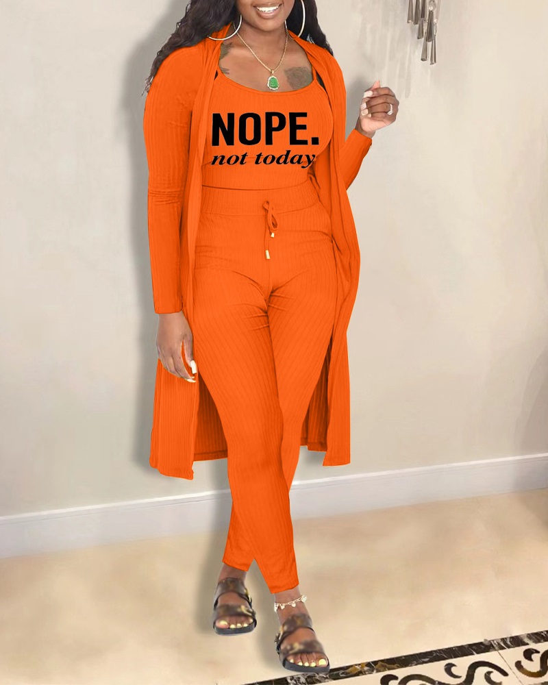 

3PCS Letter Print Ribbed Cami Top & Pants Set With Coat, Orange