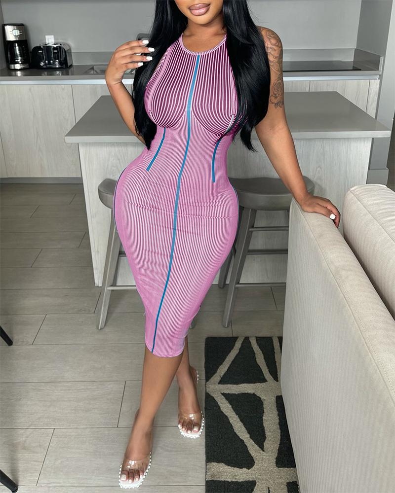 

Striped O-Neck Sleeveless Bodycon Dress, Purple