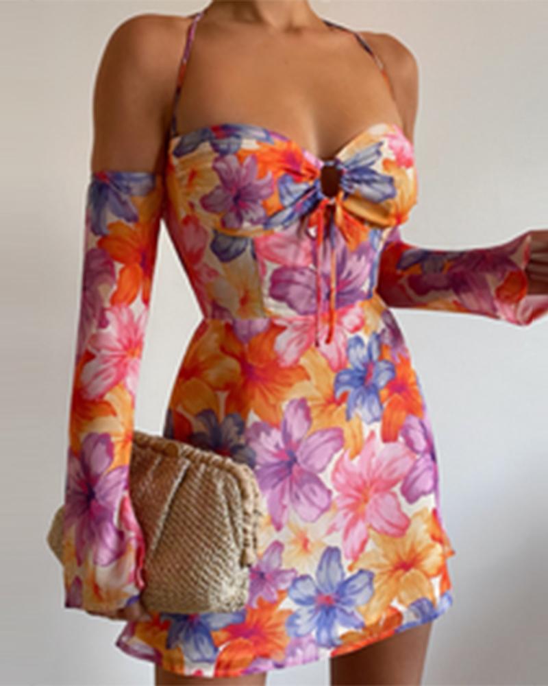 

Floral Print Off Shoulder Bodycon Dress, Multicolor