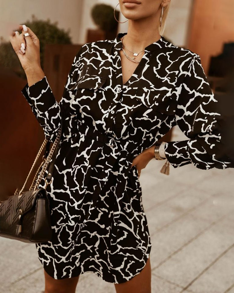 

Allover Print Button Down Belted Shirt Dress, Black