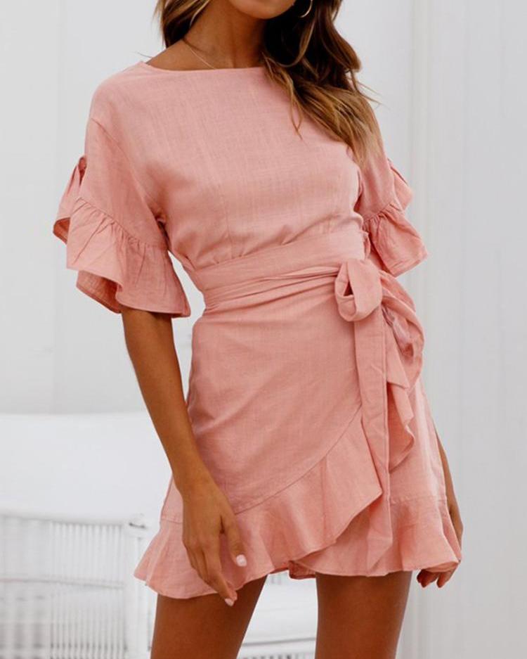 

Ruffle Bishop Sleeve Self-belted Wrapover Hem Dress, Pink