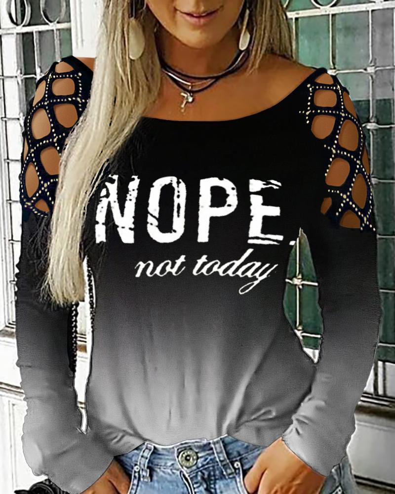 

Ombre Letter Print Beaded Cutout Long Sleeve Top Boat Neck Casual Shirt, Black