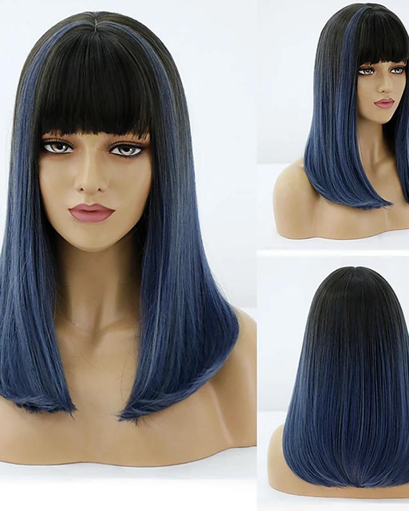 

Synthetic Wig Medium Length Natural Straight Neat Bang Wig, Blue
