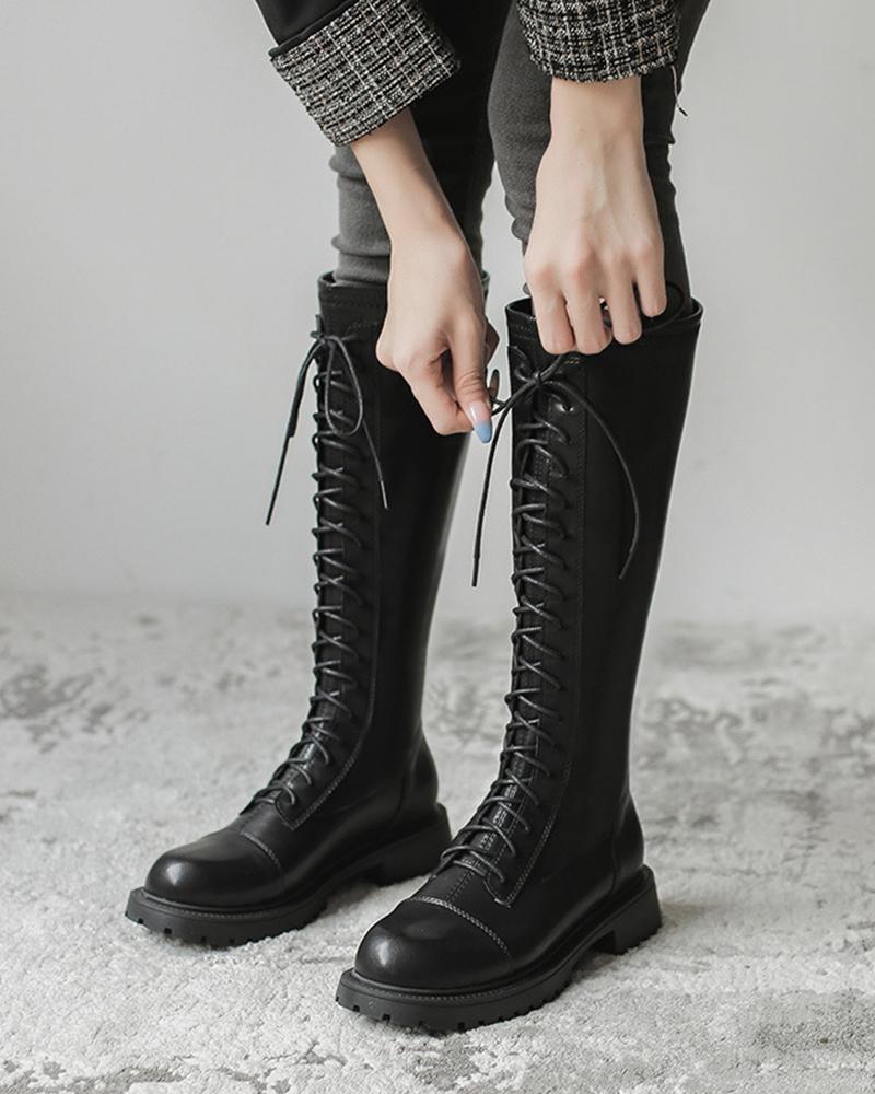 

Round Toe Patchwork Lace-up High Boots, Black