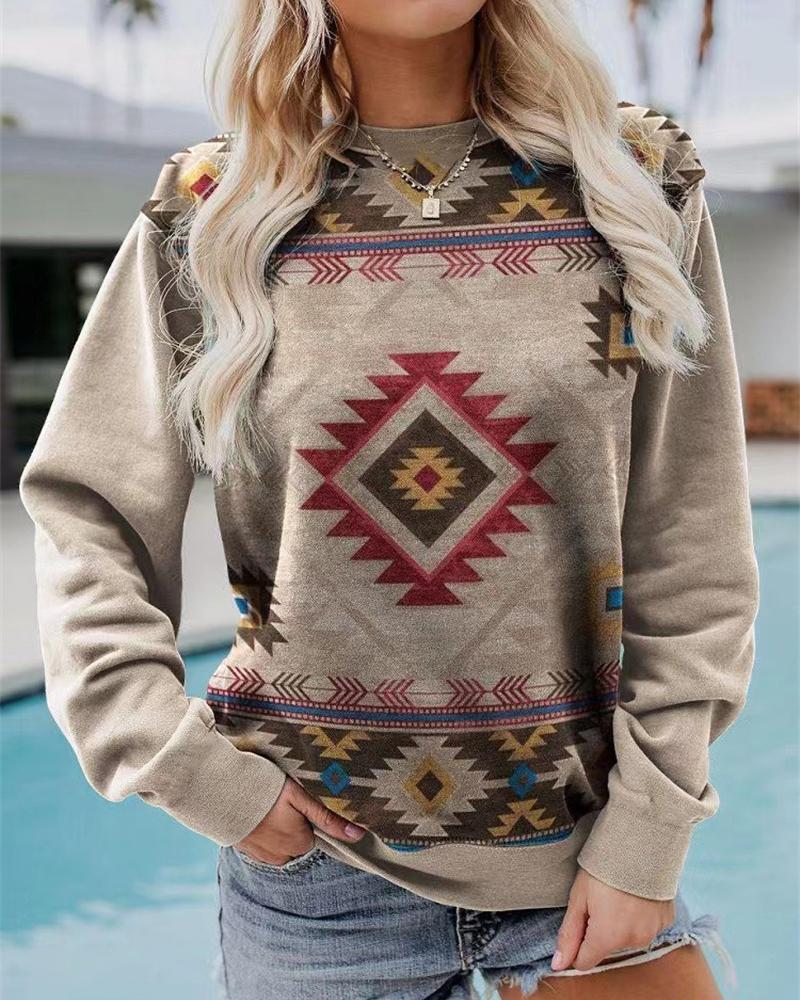 

Geometric Print Long Sleeve Sweatshirt, Khaki