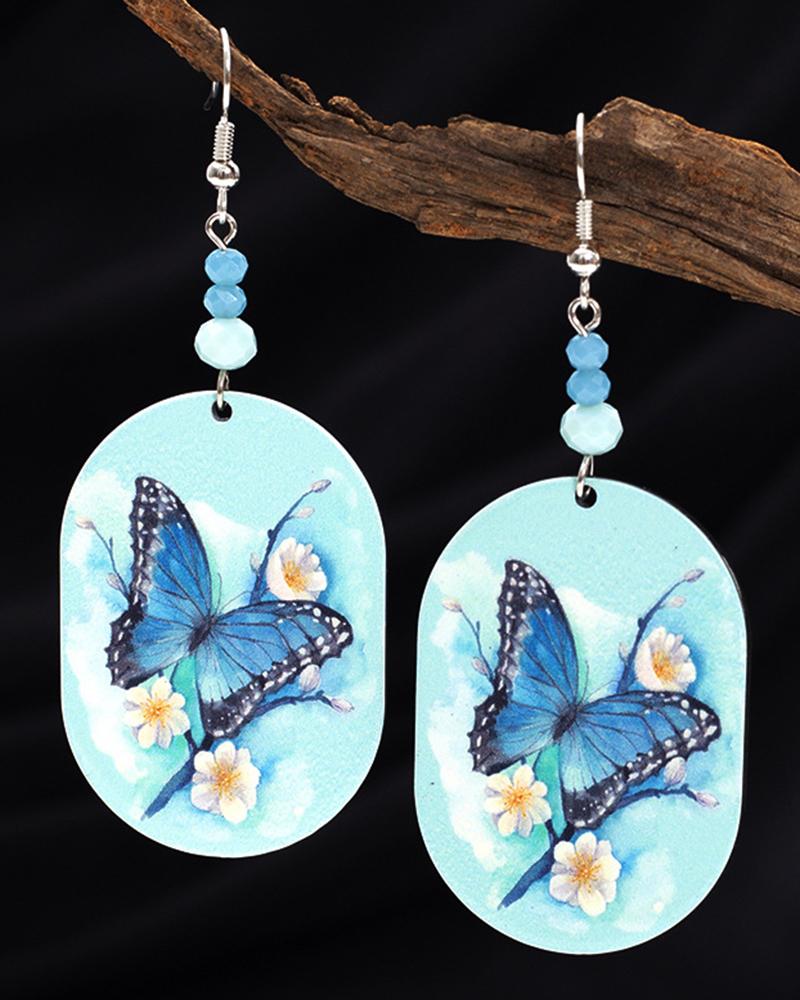 

1Pair Butterfly Print Beaded Drop Hook Earrings, Blue