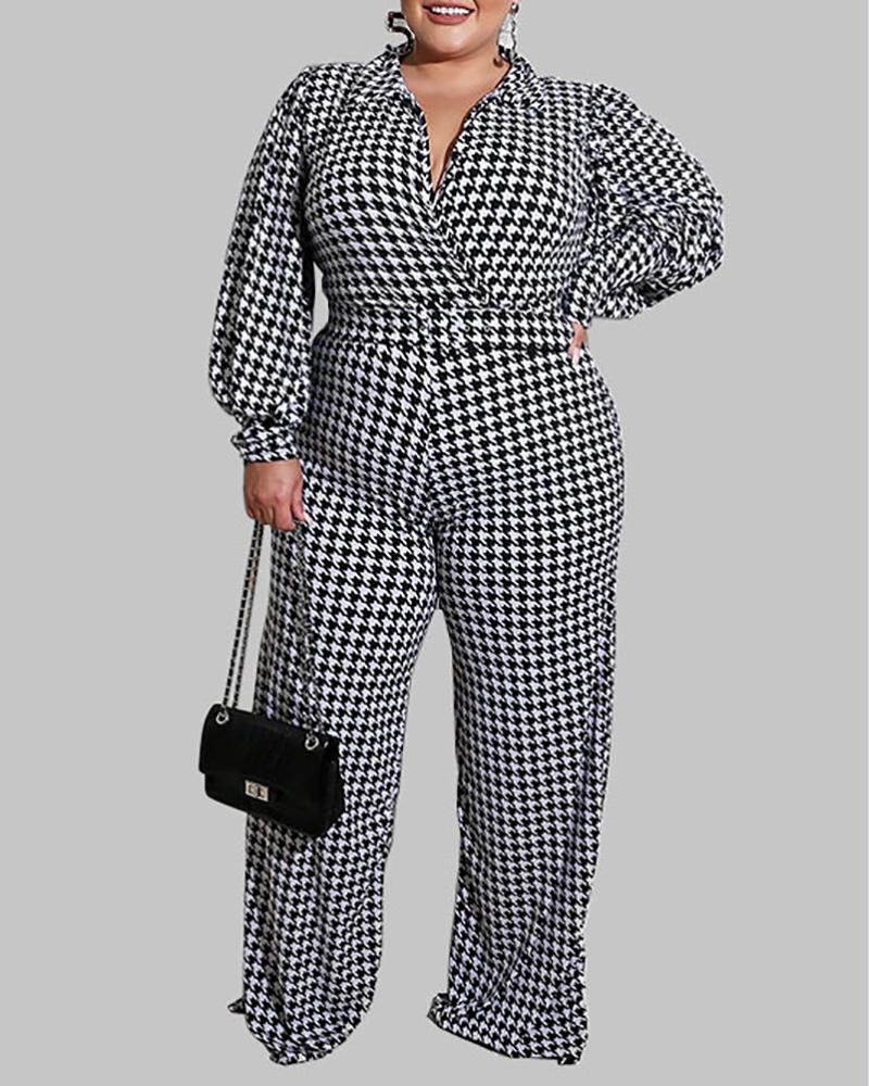 

Plus Size Houndstooth Print Long Sleeve Wide Leg Jumpsuit, Black