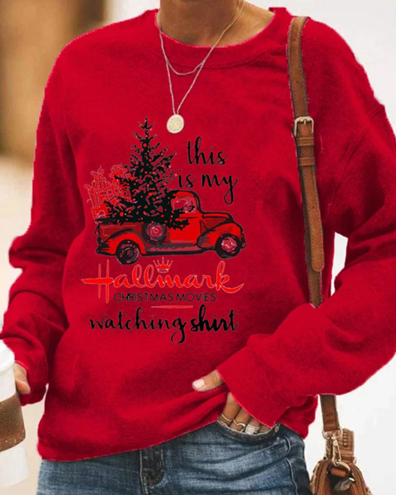 

Christmas Letter Car Print Long Sleeve Casual Sweatshirt, Red