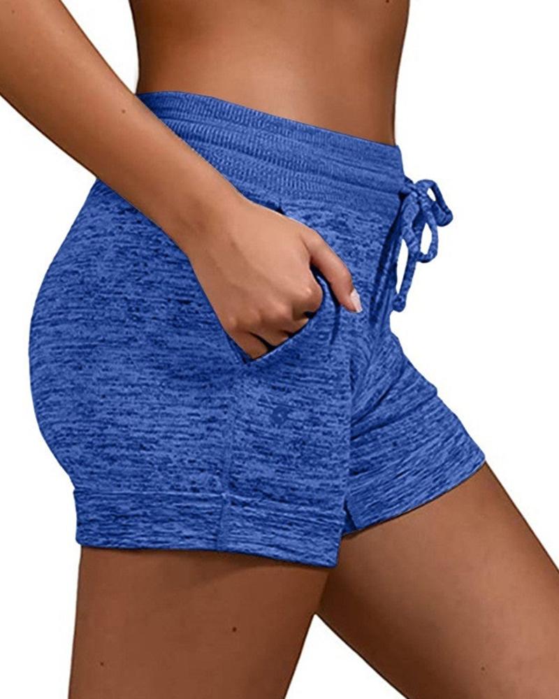 

Plain Drawstring Basic Yoga Shorts, Blue