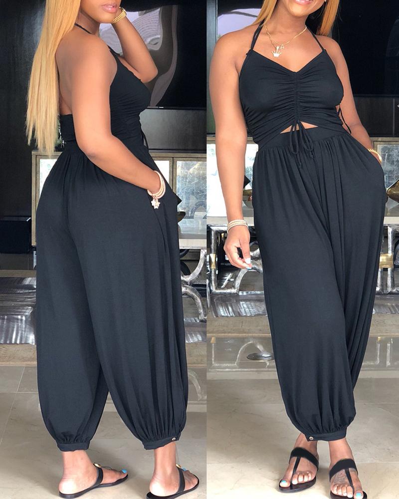 

Halter Drawstring Ruched Backless Cutout Jumpsuit, Black