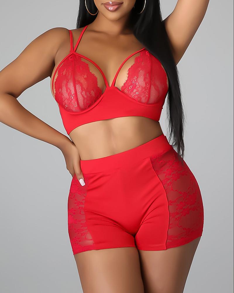

Crochet Eyelash Lace Sleeveless Cami Set, Red