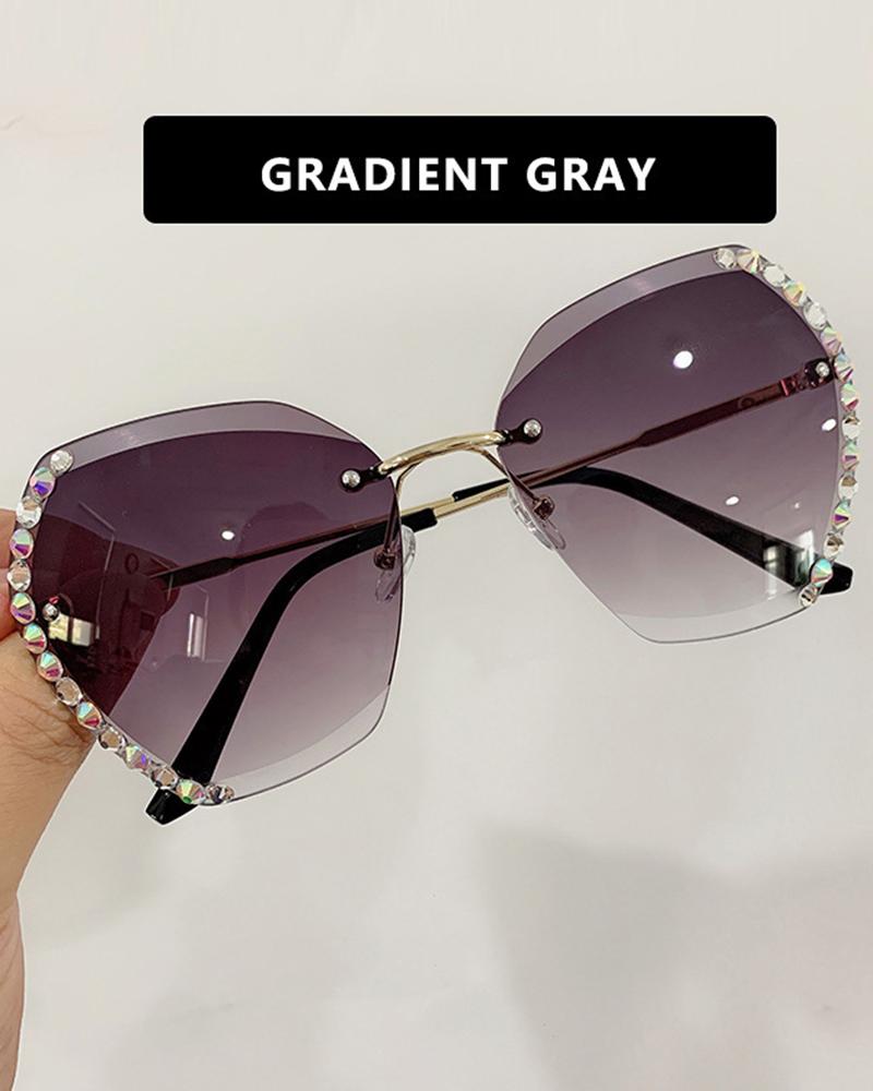 

1Pair Ombre Rimless Rhinestone Geometric Metal Frame Sunglasses, Gray