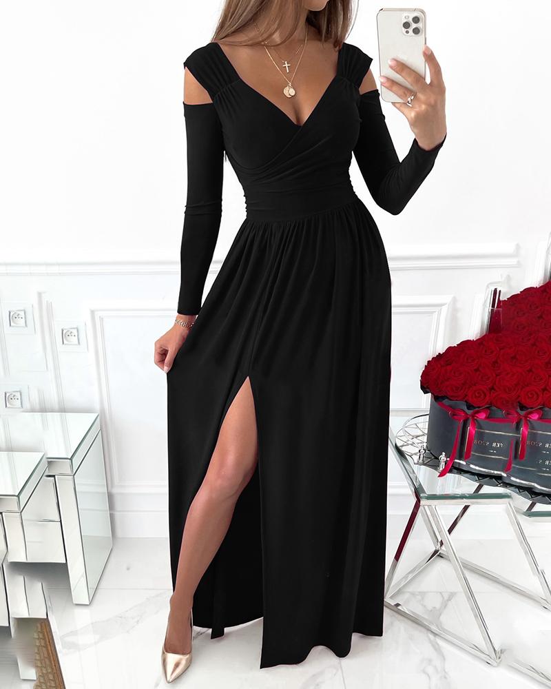 

Cold Shoulder Long Sleeve Slit Evening Dress, Black