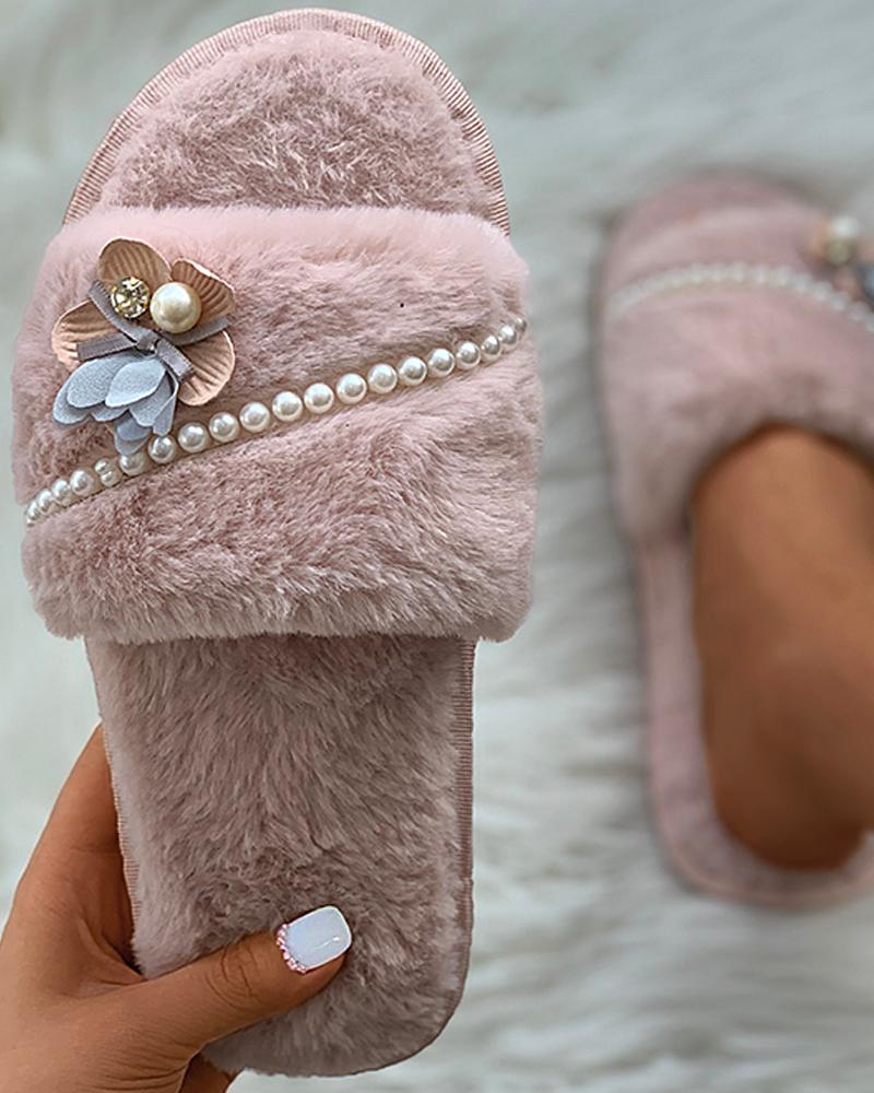 

Floral Pattern Beaded Fluffy Slippers, Pink