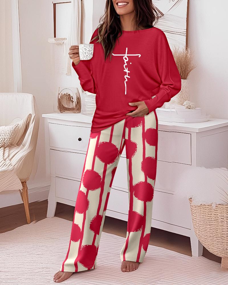 

Conjunto de 2 piezas con estampado de letras, manga murciélago, top holgado y pantalones con cintura elástica y estampado de rayas y lunares, conjunto de pijama informal, Red