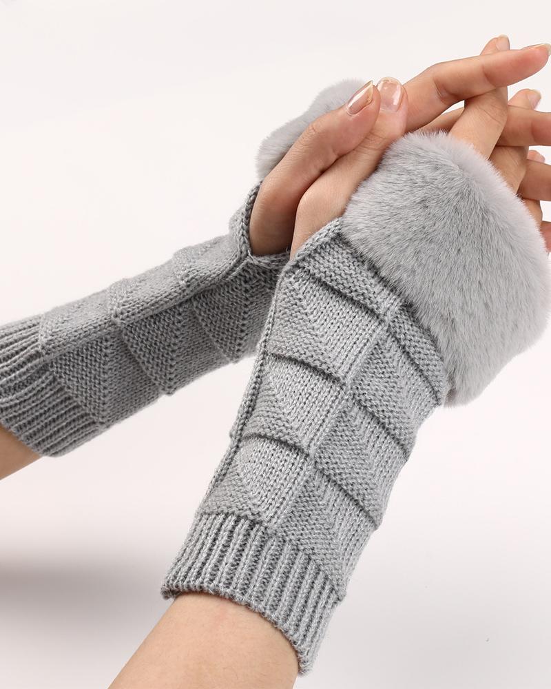 

1Pair Fuzzy Trim Warm Knit Fingerless Gloves, Light gray