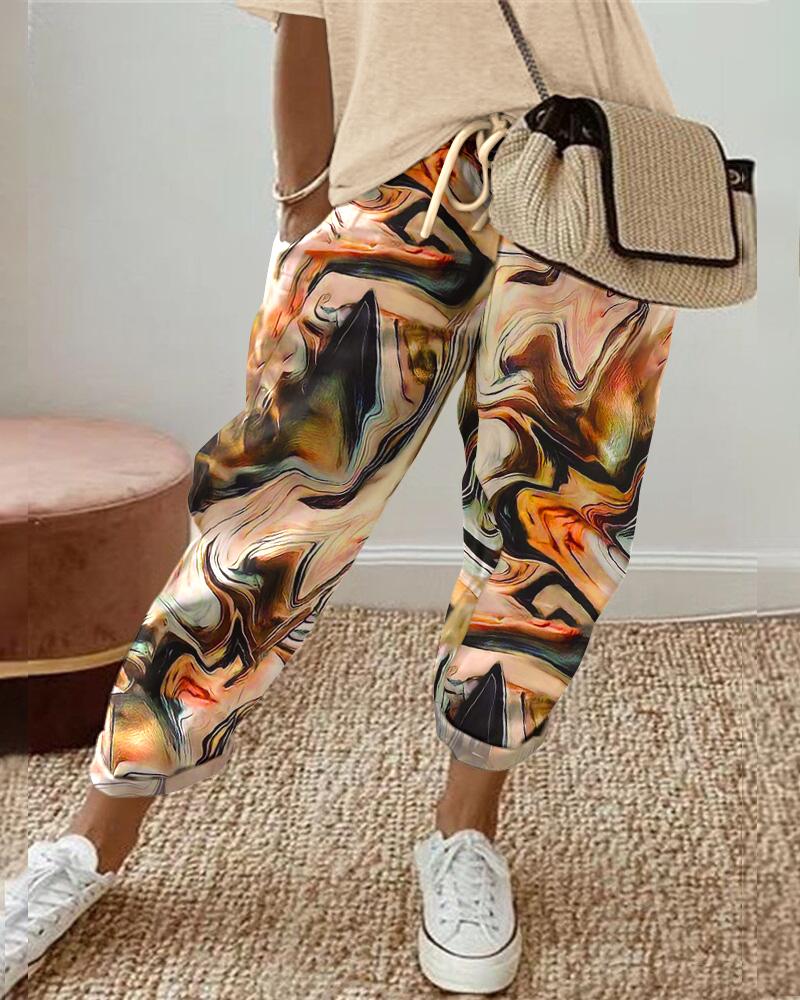 

Marble Print Drawstring Cuffed Pants, Apricot