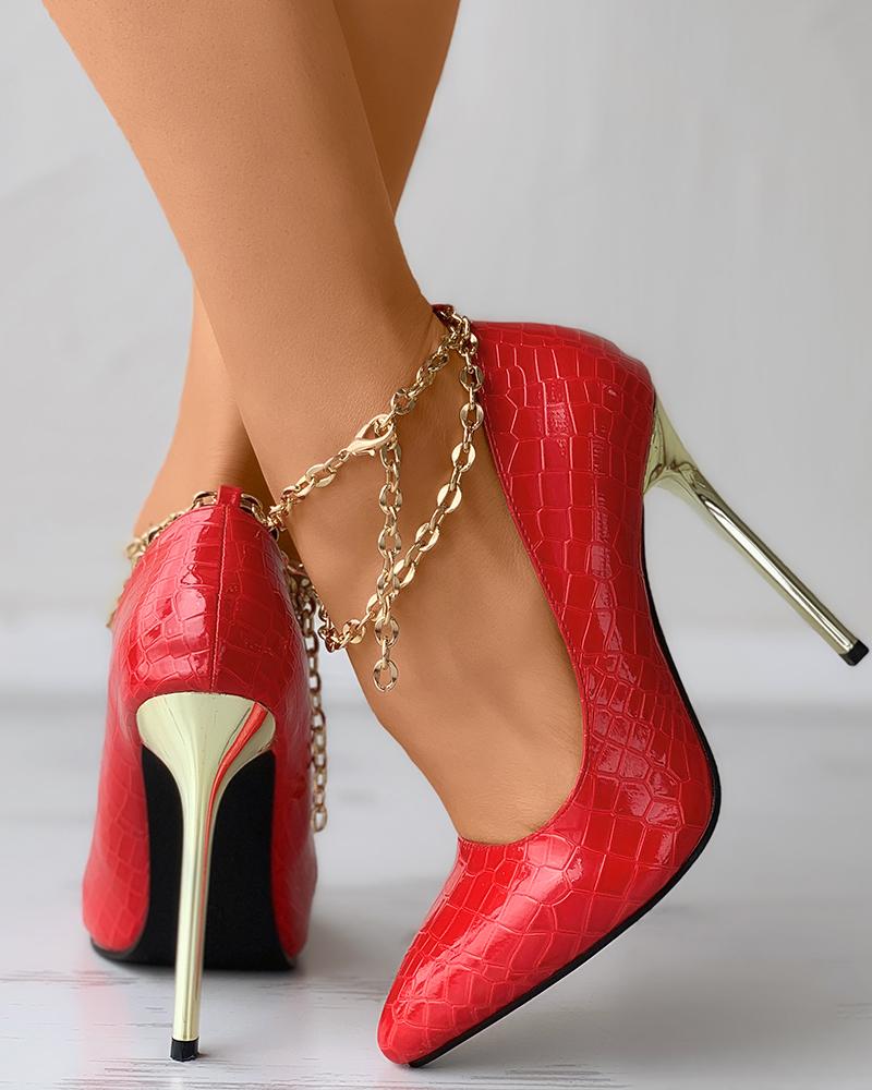 

Croc Embossed Layered Chain Wedding Guest Heels, Red