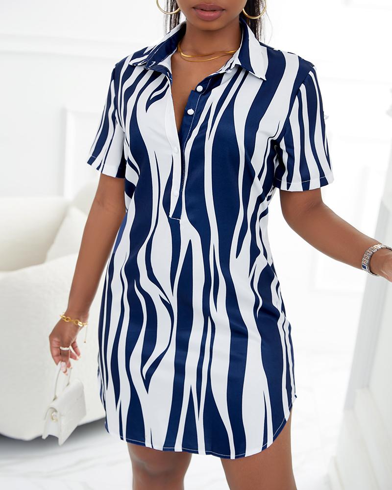 

Zebra Stripe Print Button Front Shirt Dress, Blue