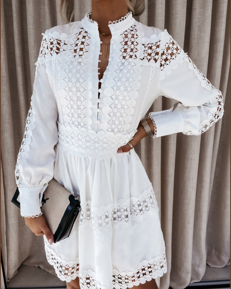 

Long Sleeve Button Front Lace Dress, White