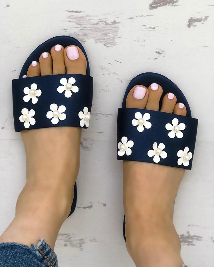 

Floral Embellished Single Strap Flat Sandals, Dark blue