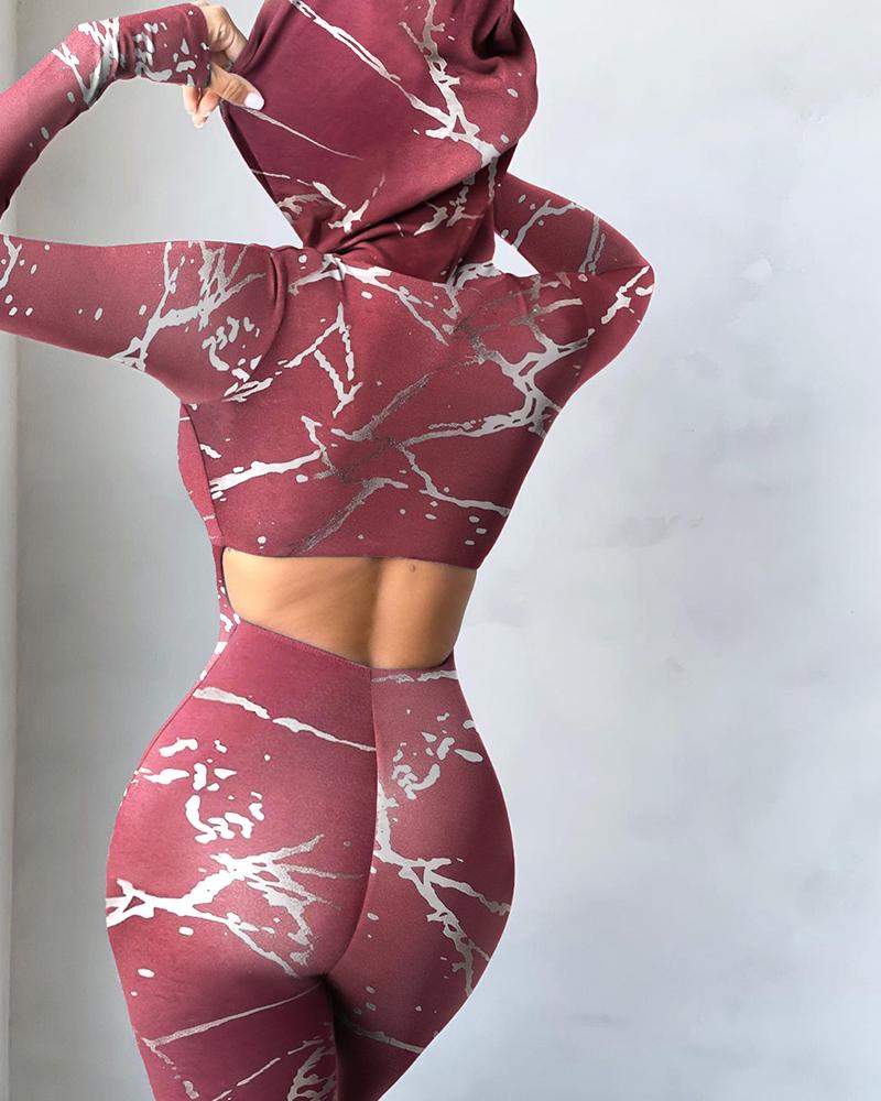 

All Over Print Cutout Backless Hooded Jumpsuit, Pink