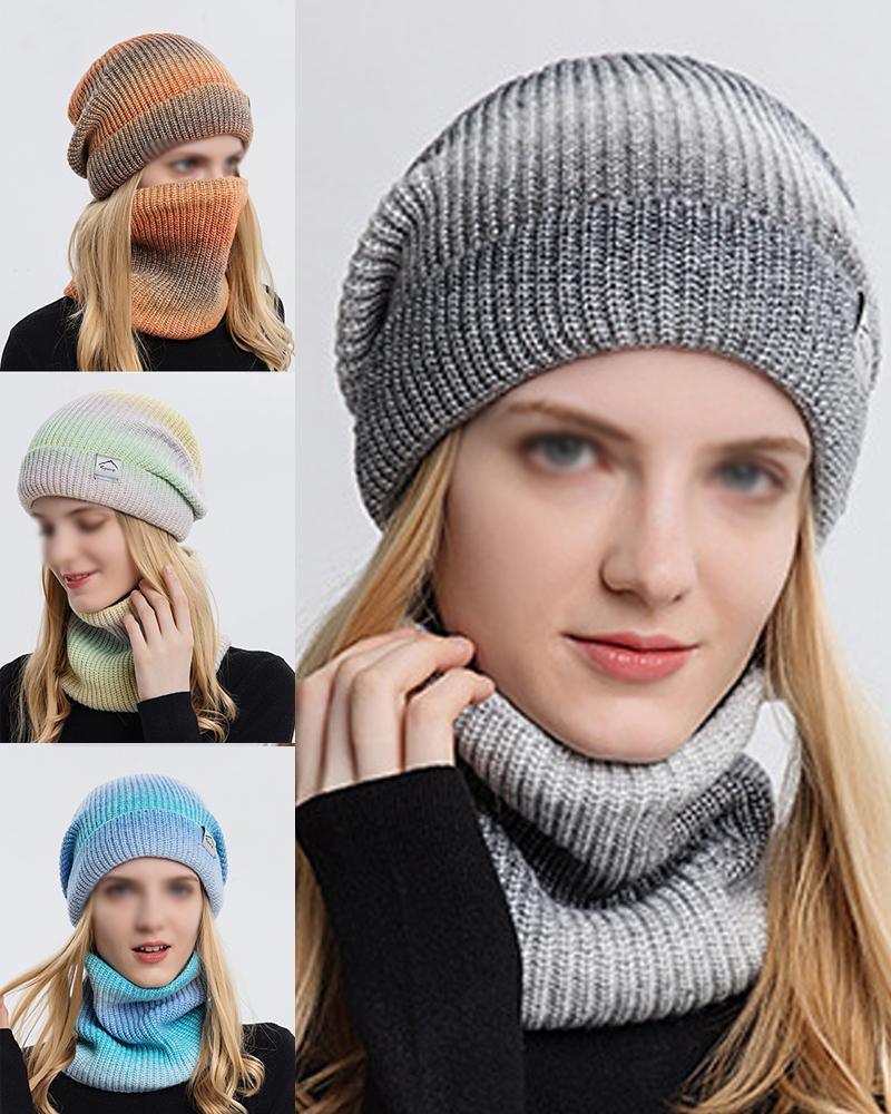 

2PCS Ombre Winter Knitted Warm Fleece Lined Beanie Scarf Set, Gray