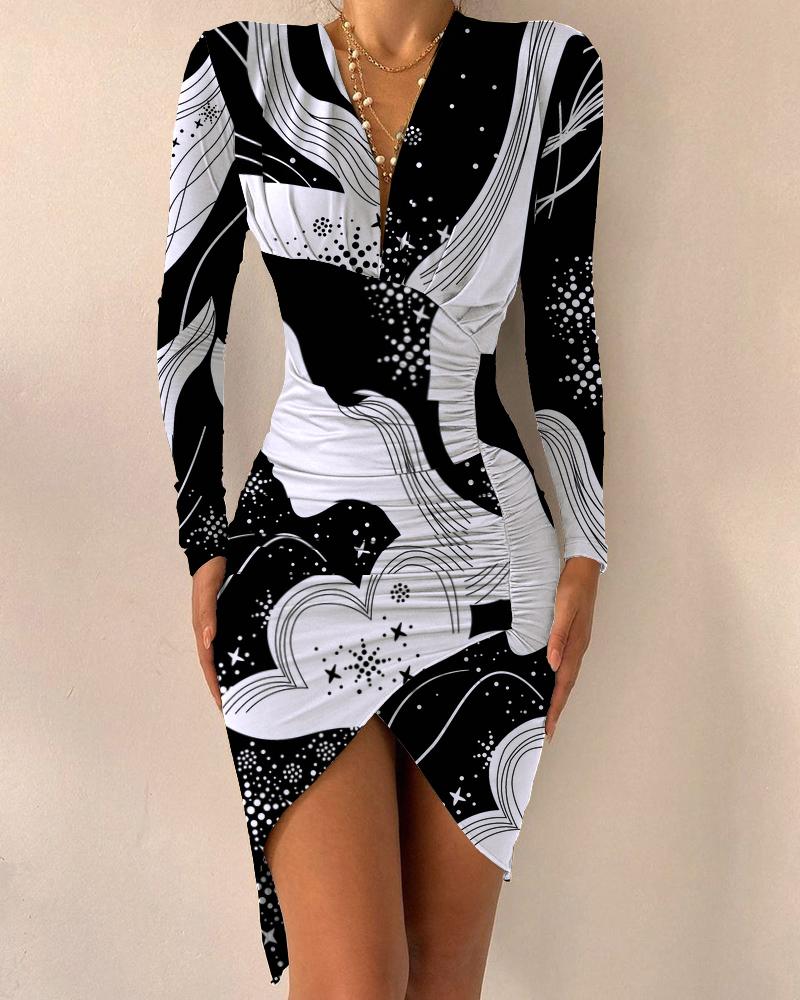 

Abstract Print Ruched Asymmetrical Bodycon Dress, Black