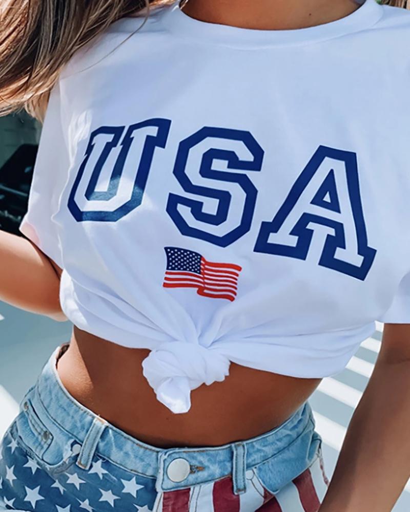 

Letter Flag Print O Neck Casual T-Shirt, White