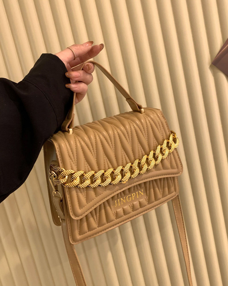 

Chain Decor Quilted Flap Shoulder Bag With Handle, Khaki