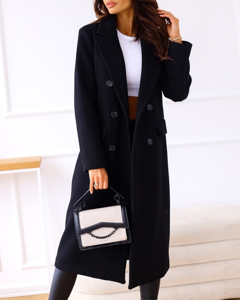 

Long Sleeve Double Breasted Overcoat, Black