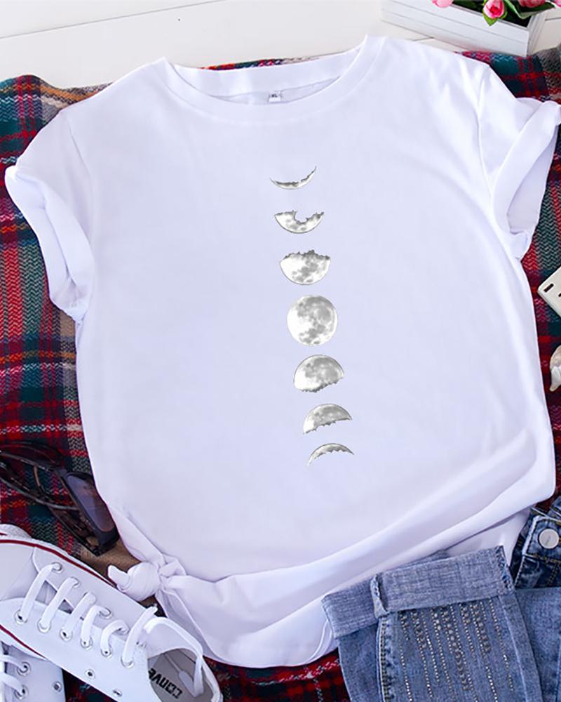 

T shirt Moon Print Short Sleeve Casual Tops Cotton Casual Fashion, White