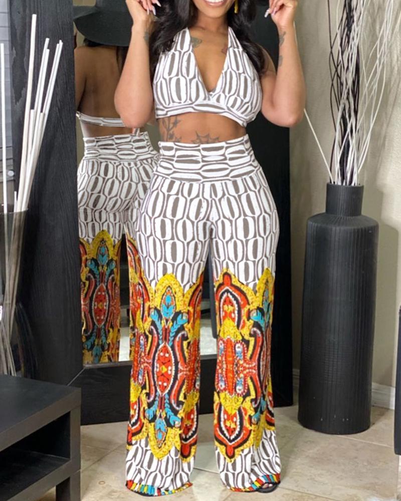 

All Over Print Halter Crop Top & Graphic Print Pants Set, Gray