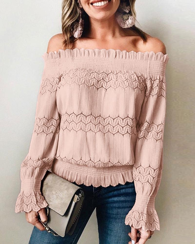 

Off Shoulder Shirring Detail Frill Hem Long Sleeve Top, Pink