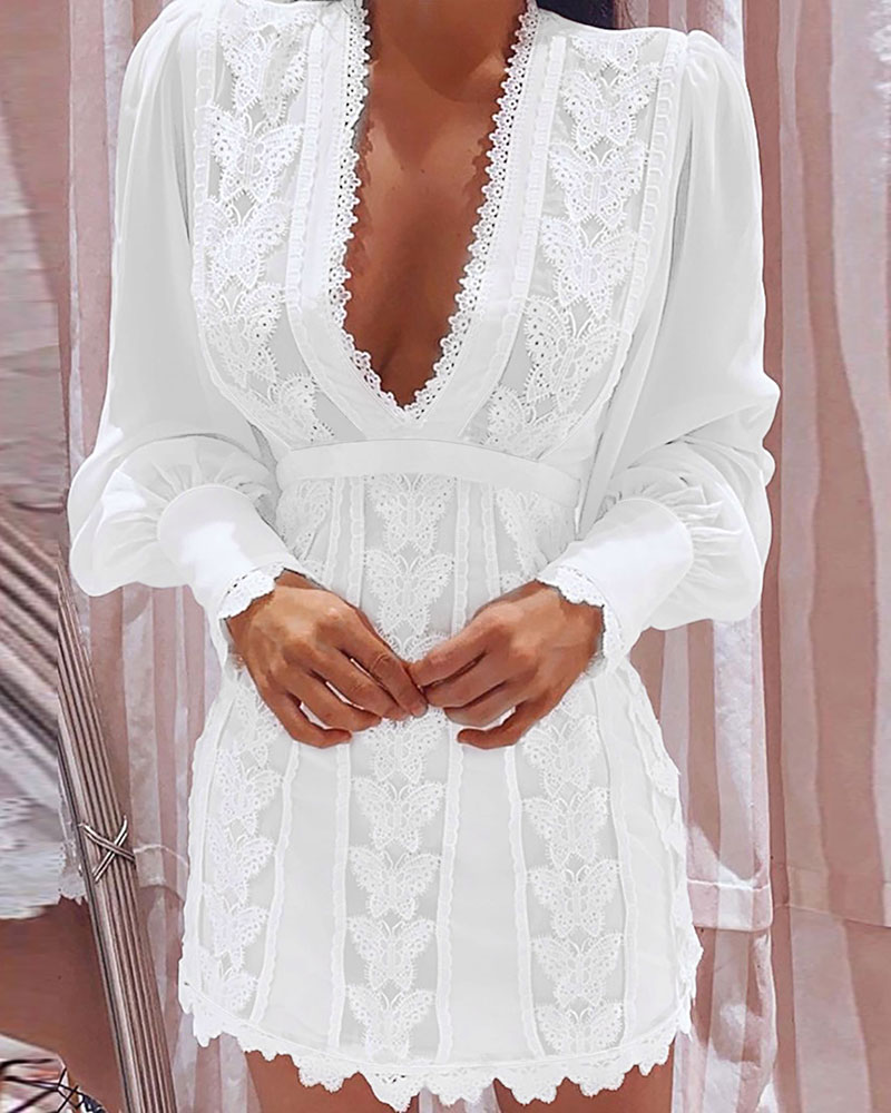 

Puff Lantern Sleeve Butterfly Pattern Lace Dress, White