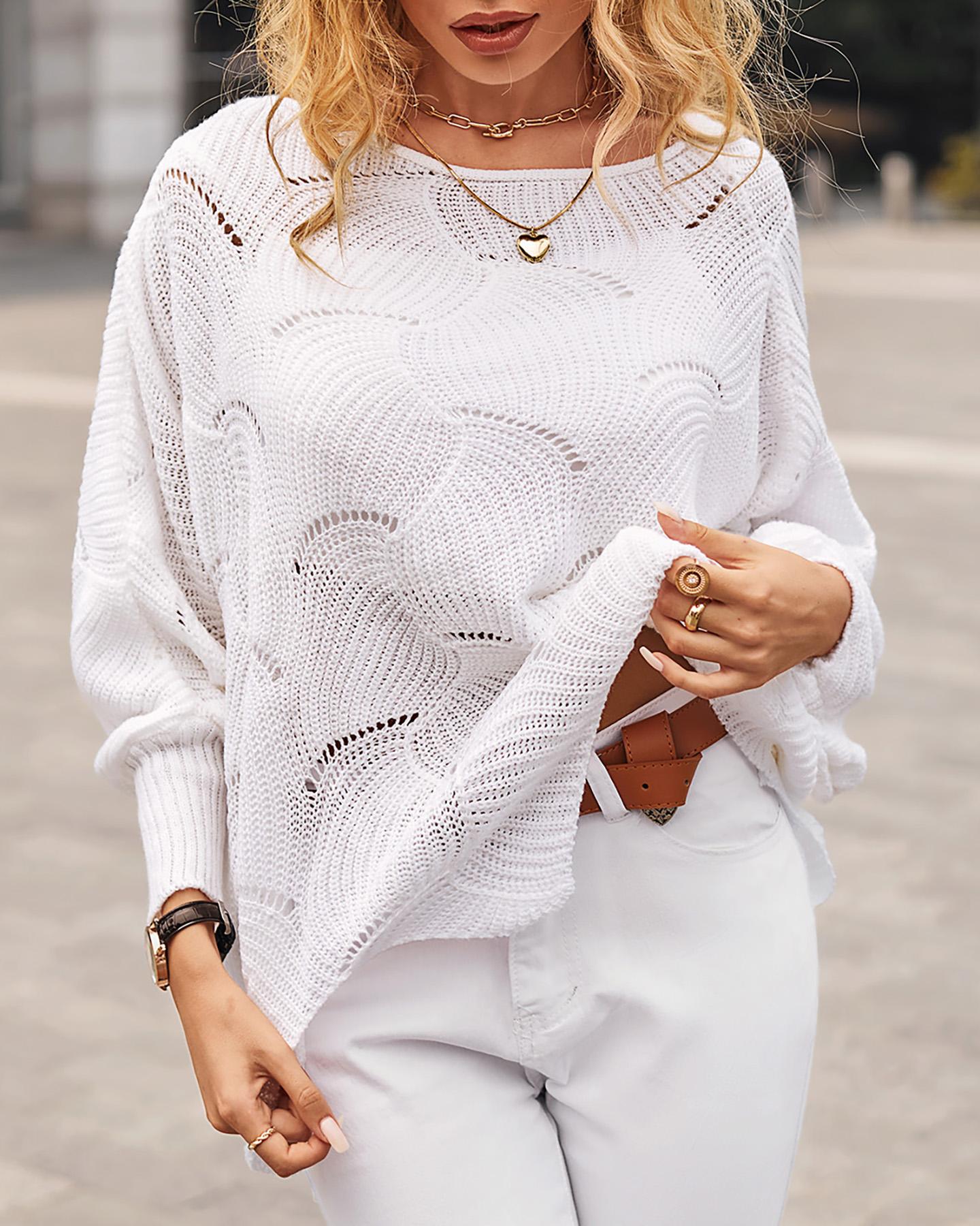 

Hollow Out Long Sleeve Casual Sweater, White