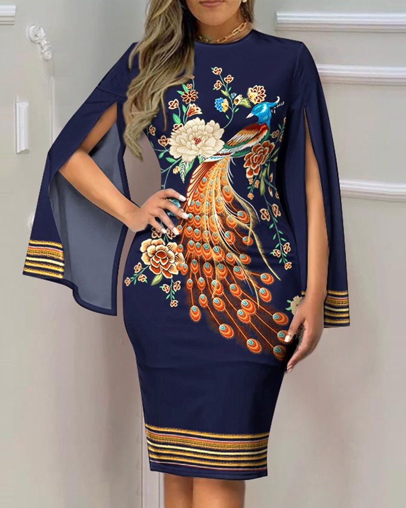 Chiffon Tea-length Pleated Dress with Floral Waist Detail Peacock main image 0