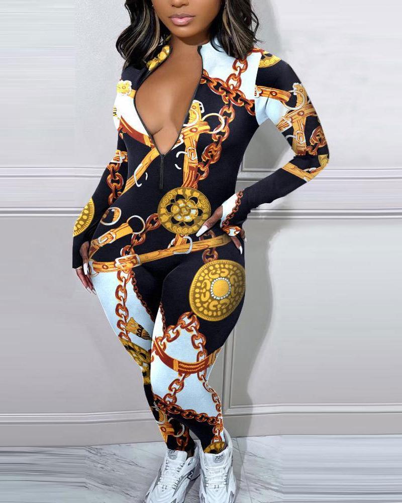 

Plus Size Chain Scarf Print Zip Detail Long Sleeve Jumpsuit, Black