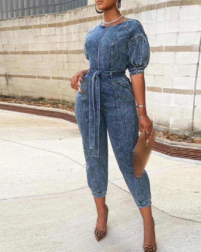 

Half Sleeve Zipper Pocket Design Denim Jumpsuit, Blue