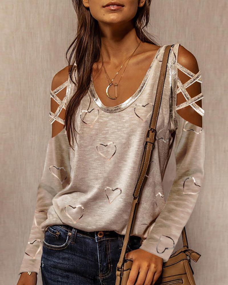 

Heart Print Crisscross Cold Shoulder Long Sleeve Top, Khaki