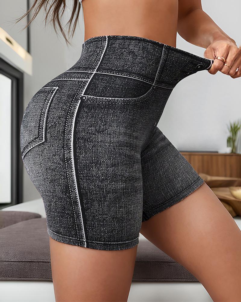 

Denim Look Print Breathable High Waist Active Shorts, Gray