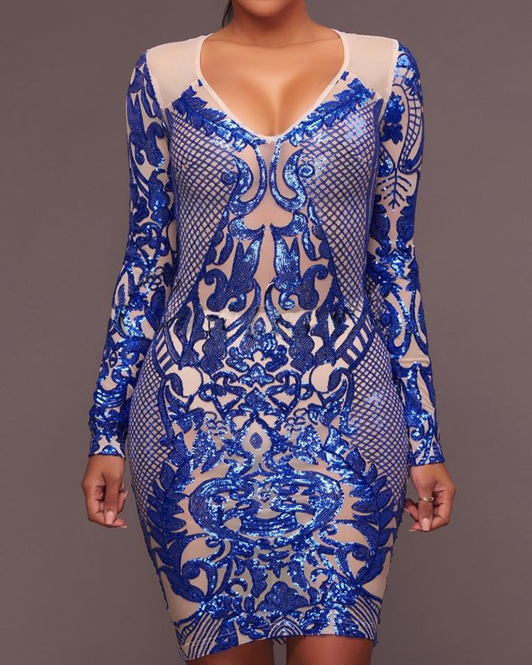 

Sexy Sequins Splicing Evening Bodycon Dress, Blue