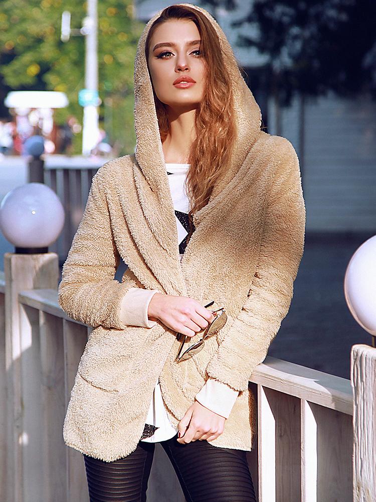 

Warm Solid Pocket Design Hoodies Fluffy Oversized Coat, White;khaki;coffee;black;dark blue