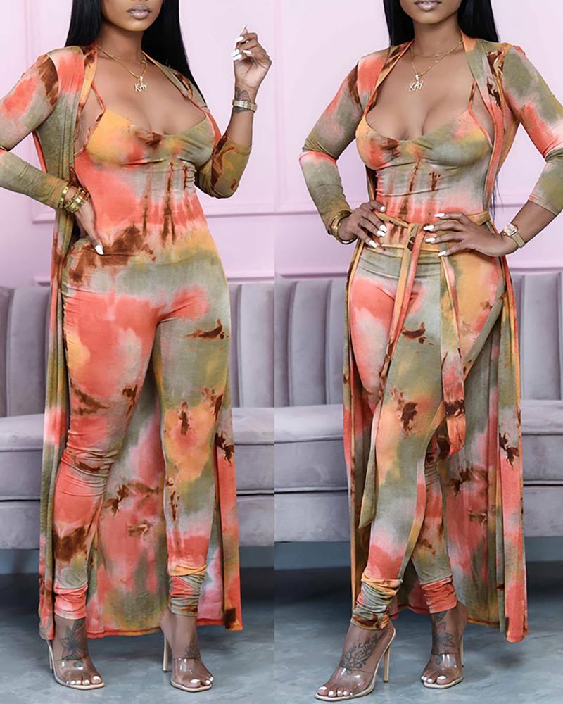 

Tie Dye Print Jumpsuit & Long Sleeve Cardigan Set, Multicolor