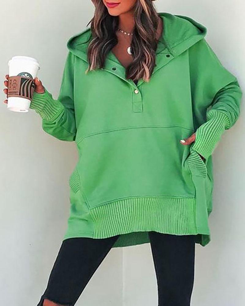 

Button Pocket Design Long Sleeve Hooded Top, Green
