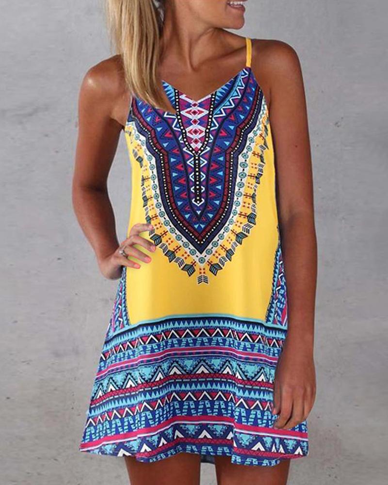 

Spaghetti Strap Print Casual Dress, Yellow