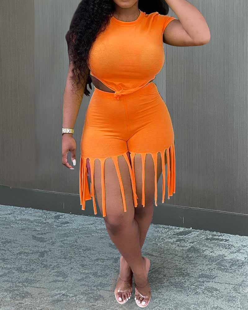 

Short Sleeve T-shirt & Tassel Shorts Set, Orange