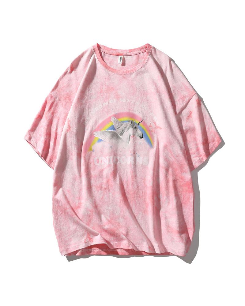 

Tie Dye Rainbow Print Short Sleeve Loose T-shirts, Pink