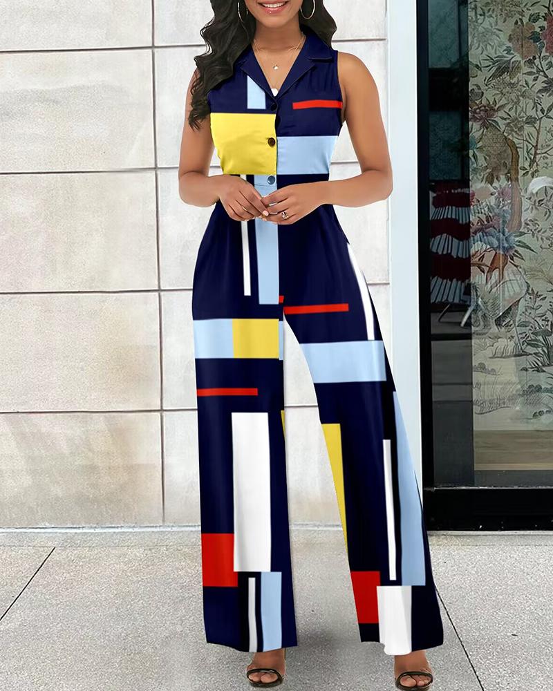 

Geometric Print Colorblock Buttoned Sleeveless Jumpsuit, Dark blue